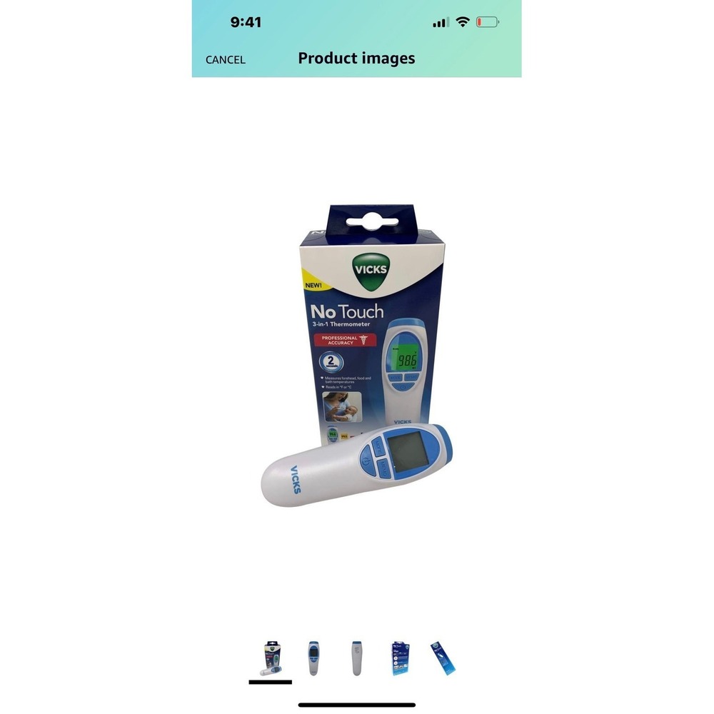 Vicks No Touch 3-in-1 Thermometer, Measures Forehead, Food and Bath temperatures